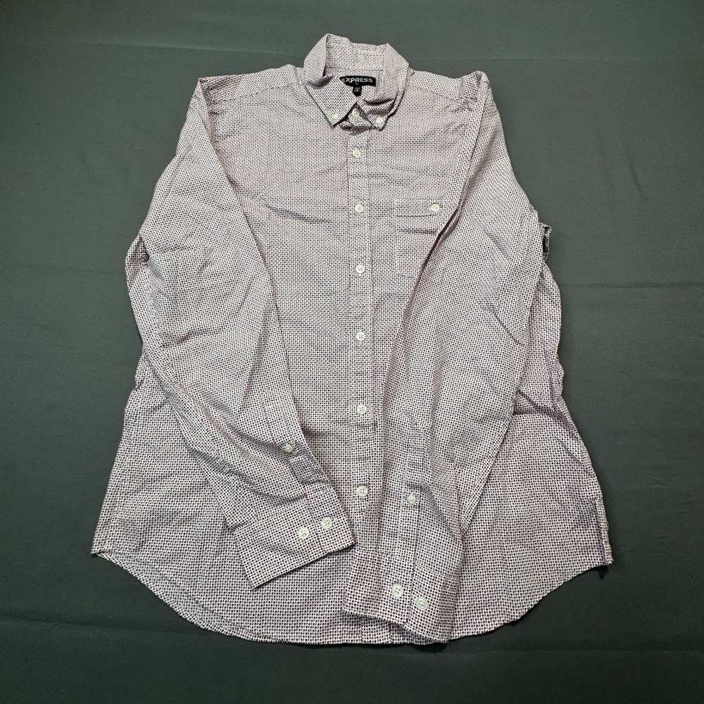 Express Mens‎ Button Down Shirt Size Medium Red Blue Dot Pattern Long Sleeve